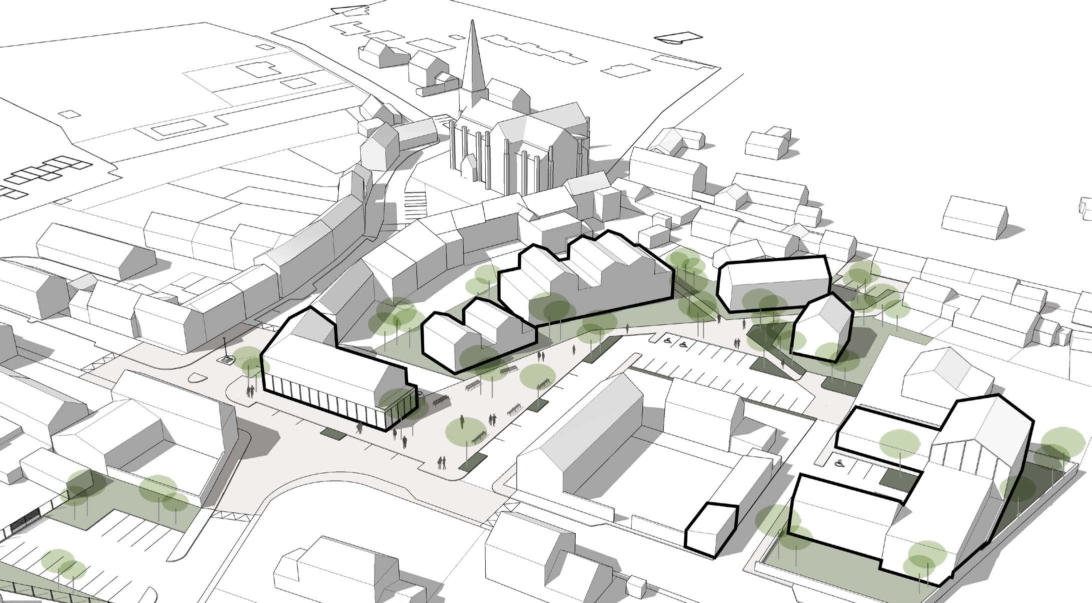 Vue axonométrique du centre-bourg de Plouec-du-Trieux autour de l'église : nouveaux îlots bâtis, place publique plantée et stationnement requalifié